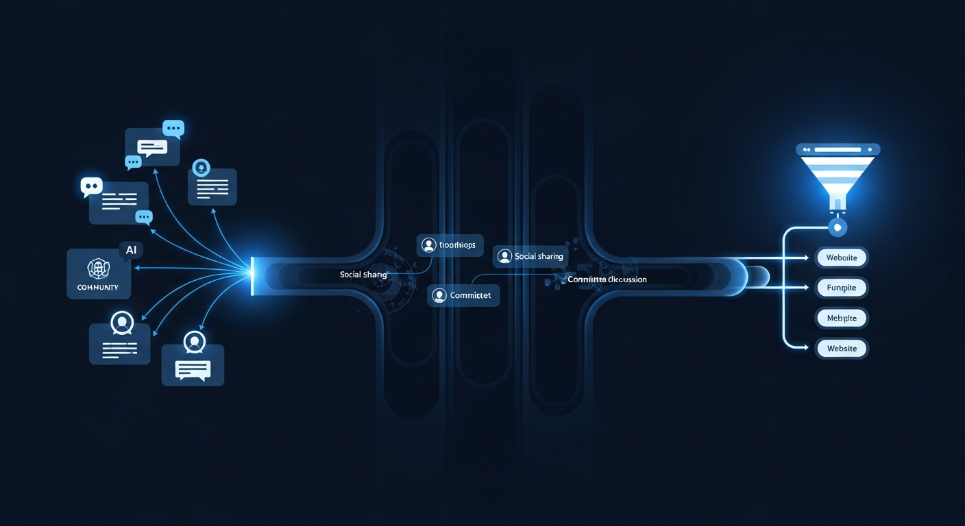 Abstract visualization of the modern buyer discovery journey flowing from AI search interfaces and community nodes through invisible dark channels before emerging into the tracked website funnel