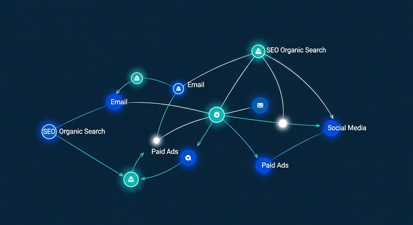Multi-touch attribution model visualization showing customer journey touchpoints across SEO, email, social media, and paid channels