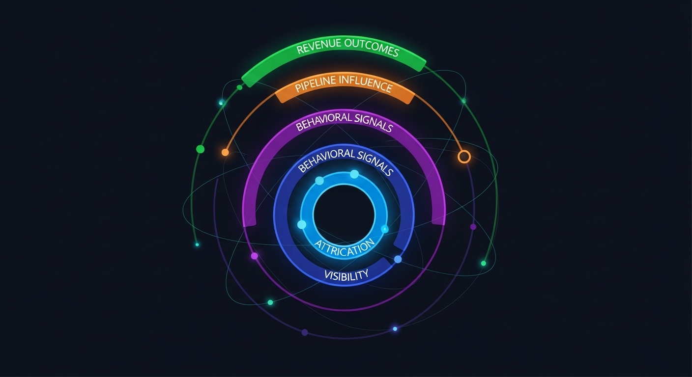 Abstract visualization of the five-layer Visibility Intelligence measurement framework showing concentric rings from attribution at the center to revenue outcomes at the outermost layer
