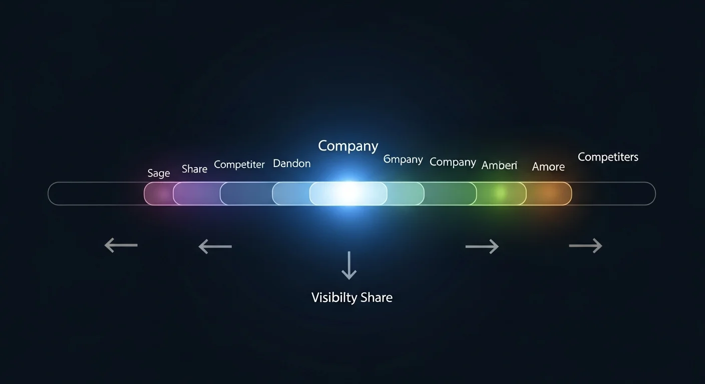 Abstract data visualization showing competitive visibility share as a horizontal market bar divided among competing organizations, with the center company's segment glowing bright blue-white while competitor segments in indigo, green, and amber show their respective visibility shares expanding and contracting over time
