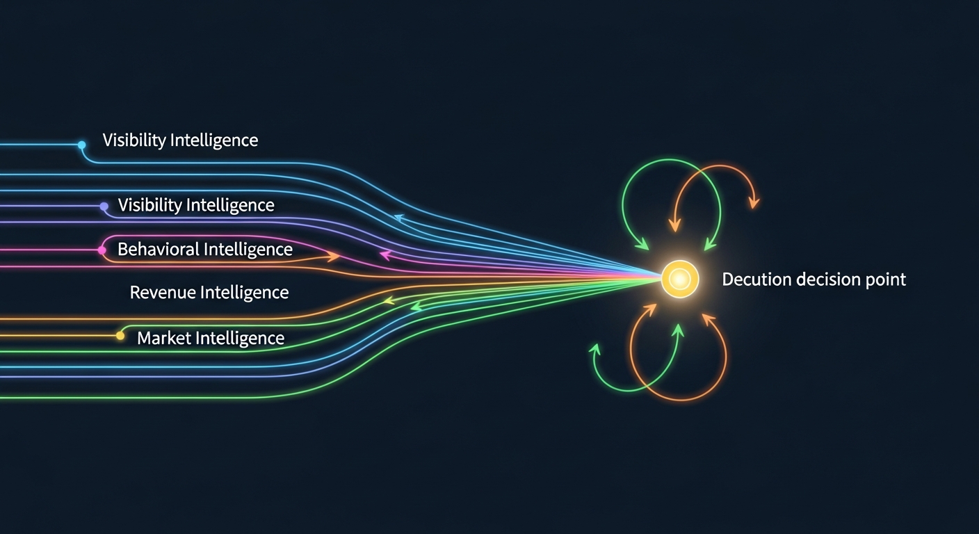 Decision intelligence framework showing how fragmented tools create data silos
