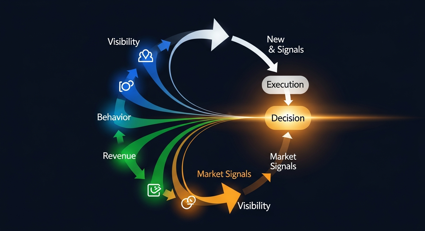 Abstract circular visualization of the Decision Intelligence loop showing Visibility flowing into Behavior, then Revenue, then Market Signals, converging into a bright Decision node at center, then flowing into Execution, generating New Signals that loop back to Visibility - a continuous improvement cycle