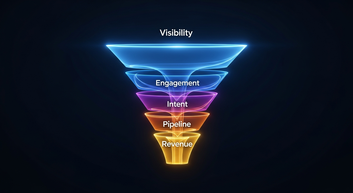 Abstract visualization of the Revenue Visibility five-layer framework showing Visibility, Engagement, Intent, Pipeline, and Revenue as interconnected glowing layers tapering from wide discovery at the top to revenue outcomes at the bottom