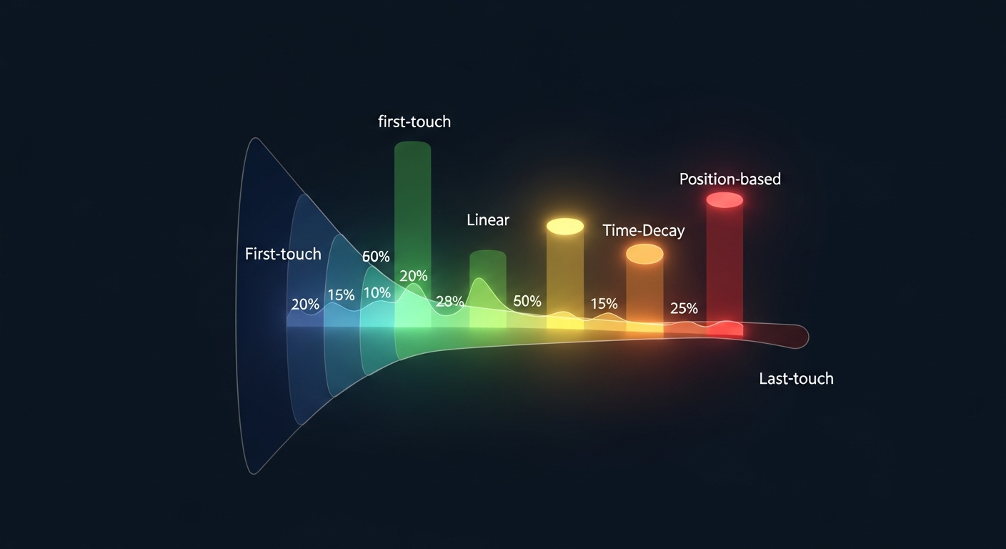 Visual comparison of marketing attribution models showing how first-touch, last-touch, linear, time decay, and data-driven models distribute credit across the same five-touchpoint buyer journey with different results
