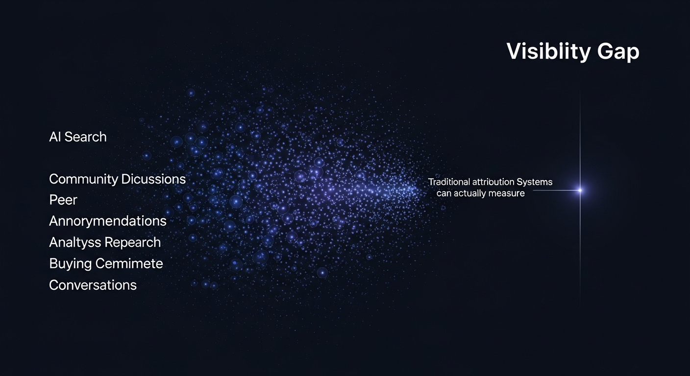 Abstract visualization showing the Visibility Gap: a wide dark field of glowing nodes representing AI recommendations, community discussions, and anonymous research on the left, versus the narrow bright beam representing what traditional attribution systems can actually measure on the right