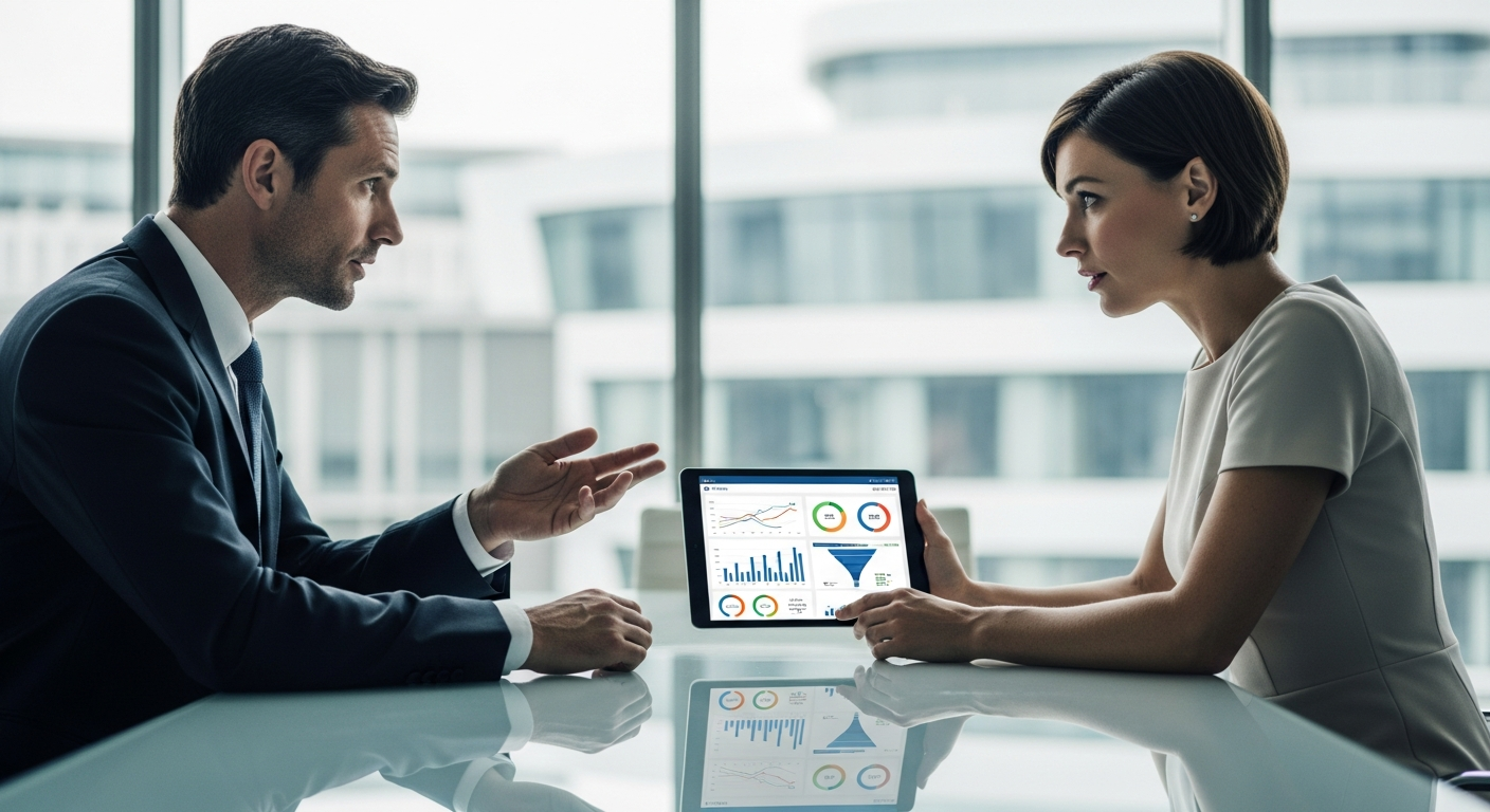 CMO and CEO reviewing marketing strategy and AI-powered growth recommendations
