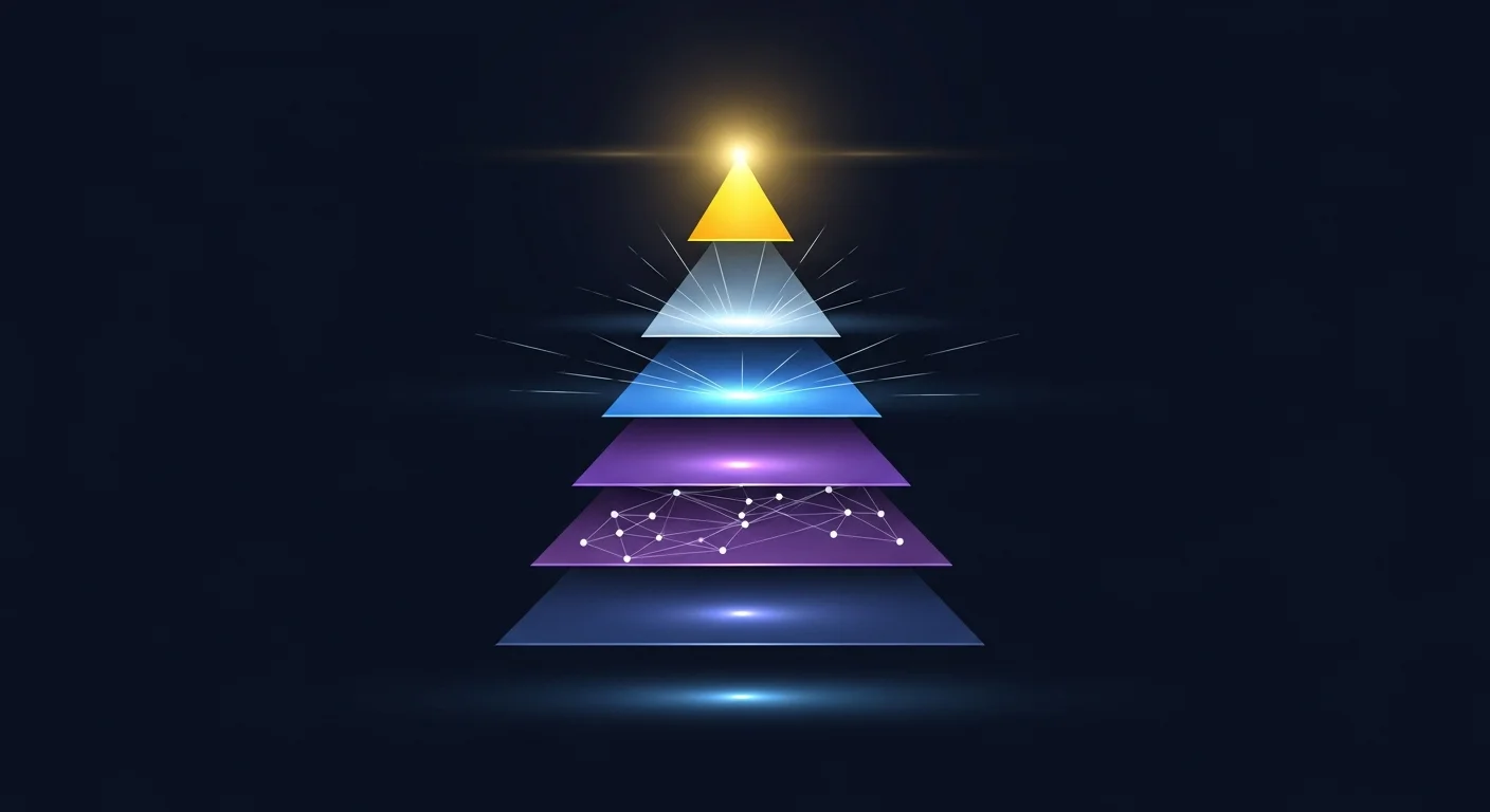 Abstract vertical five-layer diagram illustrating AI Search Visibility framework - bottom layer Presence in slate blue, second layer Understanding in medium indigo, third layer Citation in bright blue, fourth layer Recommendation in intense royal blue, fifth layer Influence at top glowing brightest white with upward light rays suggesting buyer impact