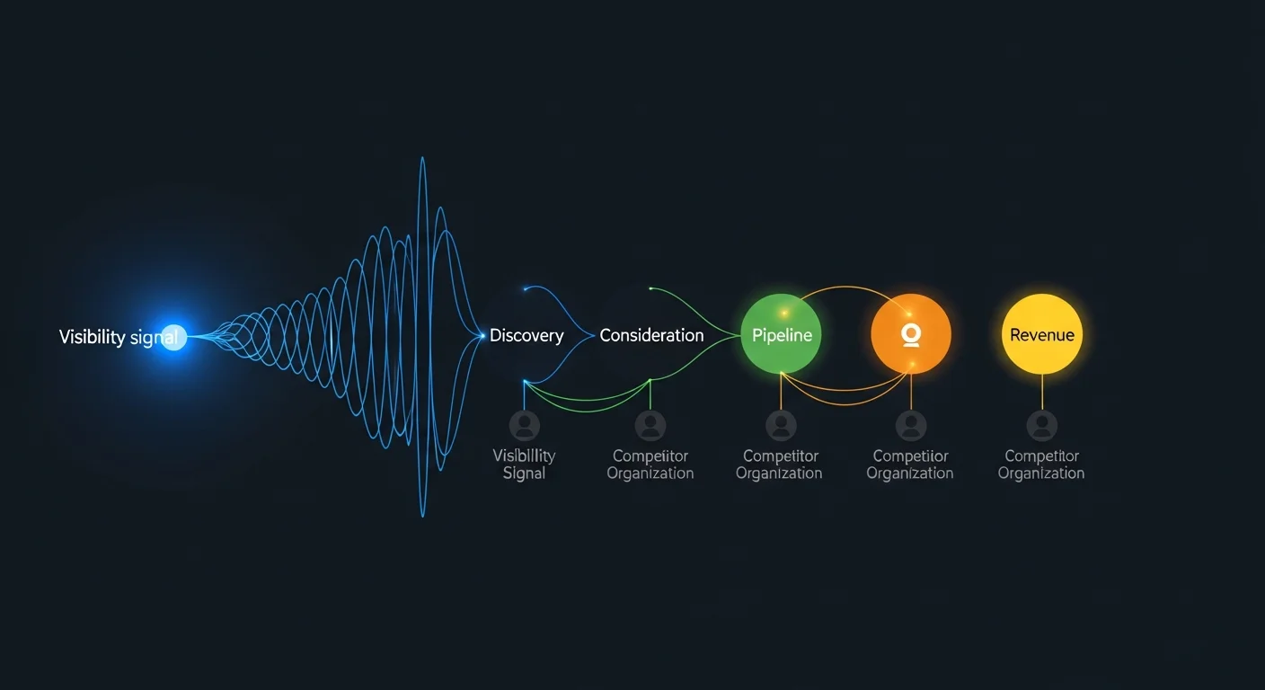 Abstract timeline visualization showing a bright blue Visibility signal node on the left sending forward-propagating waves that illuminate a progression of nodes from left to right - Discovery in indigo, Consideration in green, Pipeline in orange, Revenue in gold - with the visibility node glowing brightest as the earliest signal in the sequence