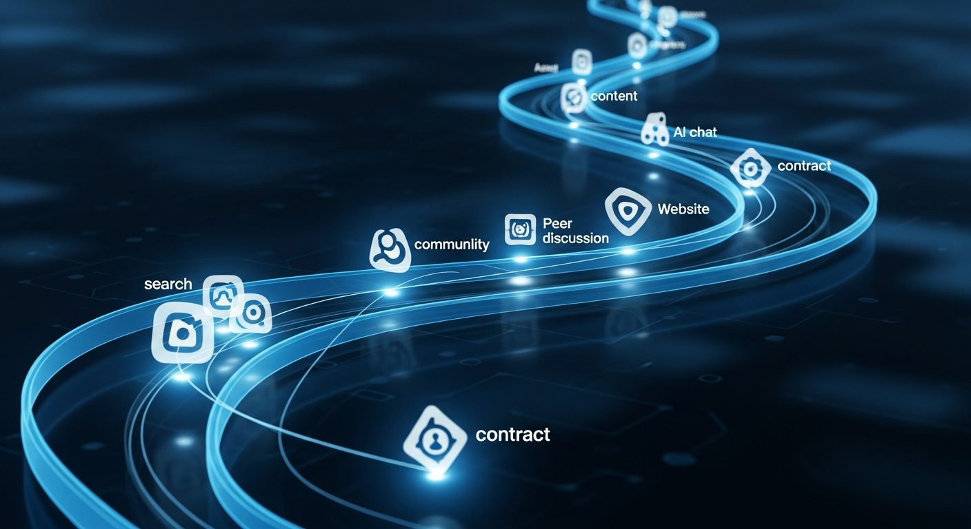 Abstract visualization of a modern B2B buyer journey showing the multiple stages from AI search through peer discussions, website visits, demos, and contract signing