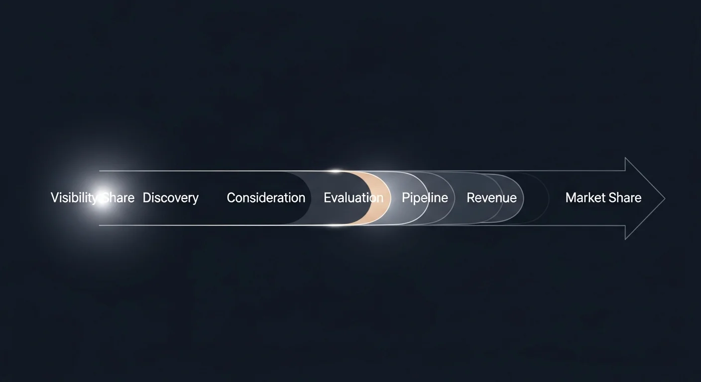 Abstract timeline visualization showing Visibility Share as a leading indicator - a bright glowing node on the far left representing Visibility signals forward-propagating waves that sequentially illuminate Discovery, Consideration, Evaluation, Pipeline, Revenue, and Market Share nodes to the right, with the leftmost Visibility node glowing brightest as the earliest predictor