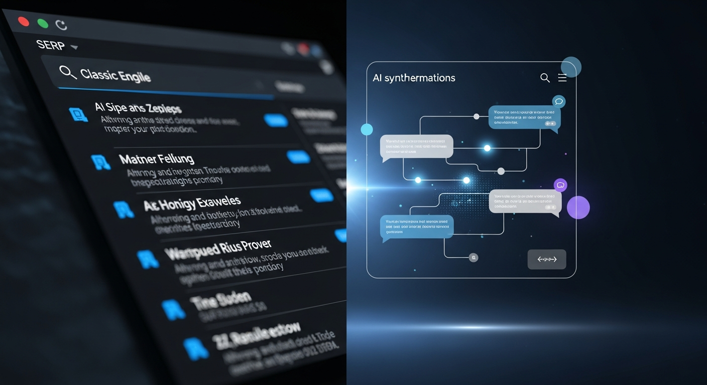 Split visualization comparing traditional blue link search results on the left with an AI conversational answer panel on the right, illustrating the fundamental shift in buyer discovery