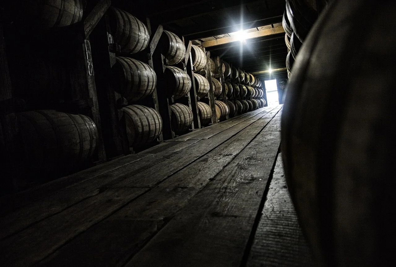 Kentucky bourbon distillery and whiskey barrels in Louisville