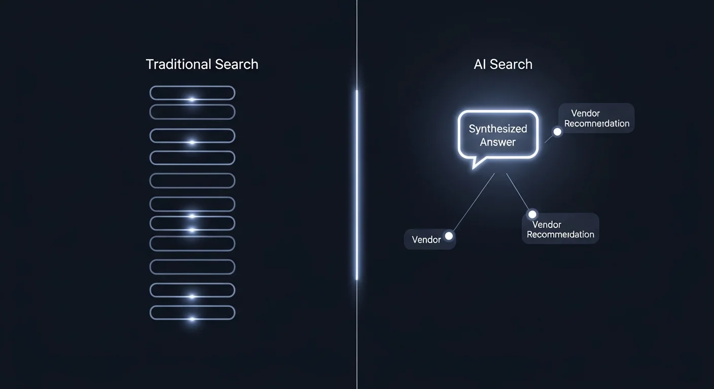 Abstract split visualization showing traditional search on the left with a ranked list of ten blue link nodes arranged vertically in descending brightness, and AI search on the right with a single glowing white answer node surrounded by six source citation nodes radiating outward - illustrating the shift from ranking to citation