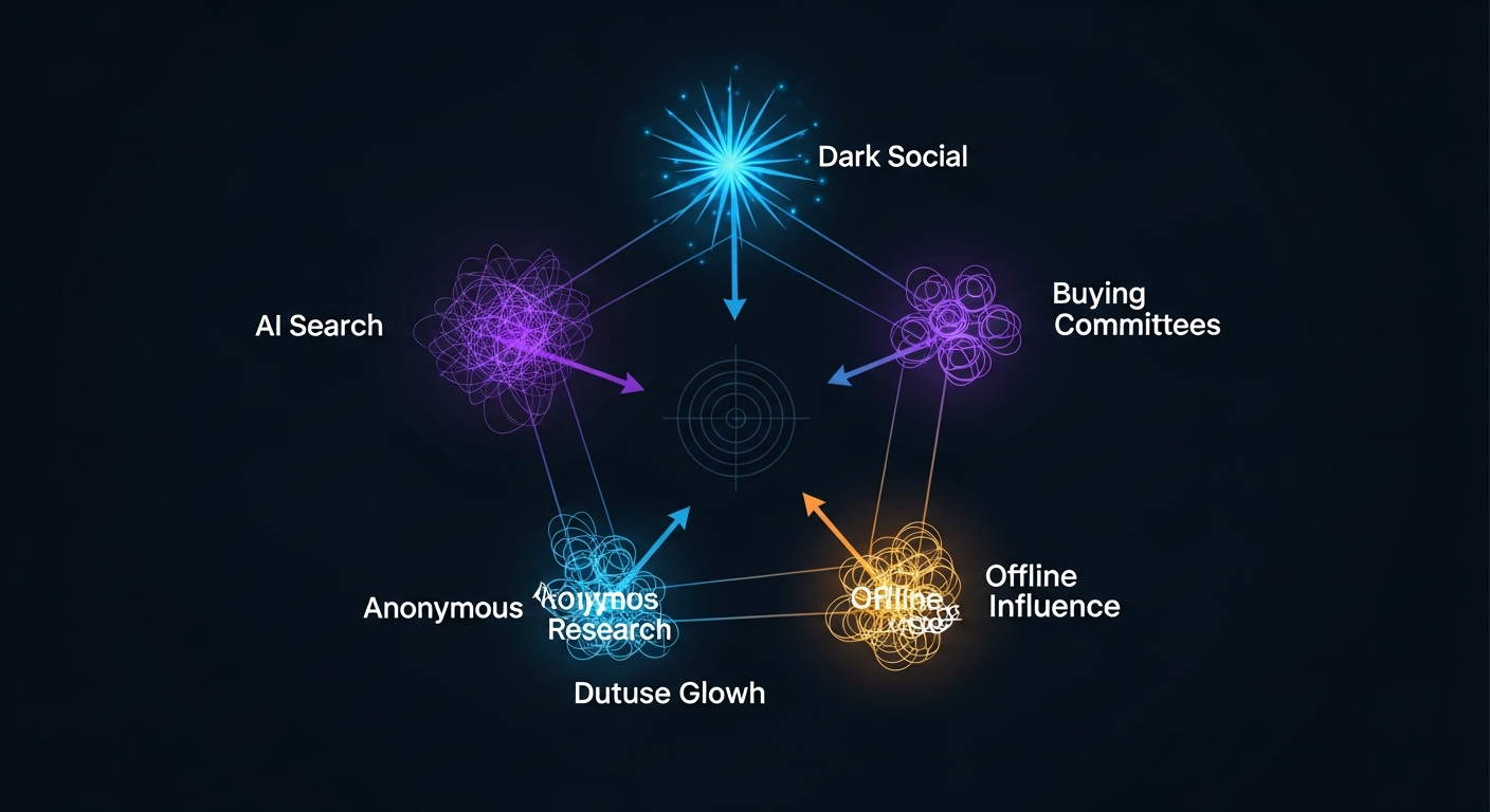 Abstract pentagon visualization showing five sources of invisible influence: AI Search as a bright blue starburst, Dark Social as interconnected purple threads, Buying Committees as clustered nodes, Anonymous Research as a diffuse glow, and Offline Influence as a warm amber light - all converging toward a central buyer decision point