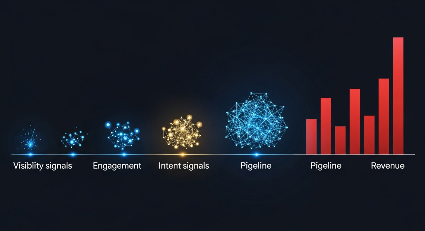 Abstract executive timeline visualization showing small blue visibility signals appearing early on the left, growing through engagement and intent nodes into pipeline formation, then revenue bars on the right - demonstrating how visibility precedes revenue by months
