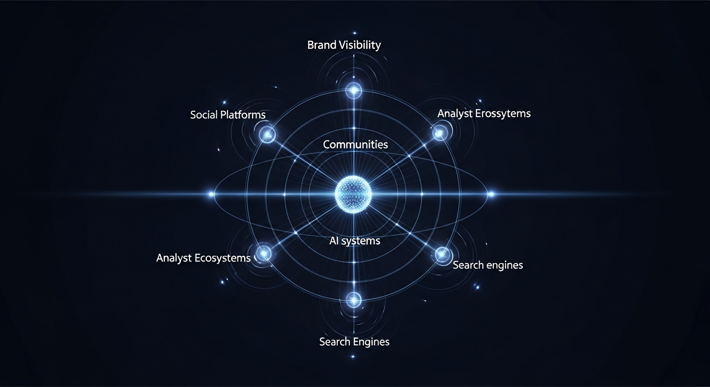 Abstract orbital visualization of Brand Visibility Intelligence showing five discovery dimensions radiating outward from a central brand node - representing search, AI systems, communities, analyst ecosystems, and social platforms
