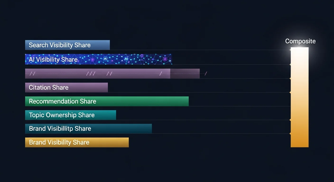 Abstract visualization of the six Visibility Share Framework dimensions as stacked horizontal glowing bars on a dark navy background - Search Visibility Share in steel blue, AI Visibility Share in bright indigo with AI node dots, Citation Share in soft purple, Recommendation Share in emerald green, Topic Ownership Share in deep teal, and Brand Visibility Share in warm gold - combining into a single composite Visibility Share bar