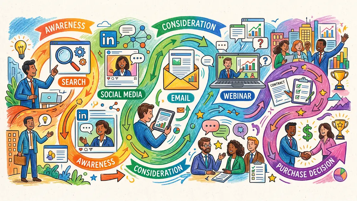 B2B buyer journey showing multiple attribution touchpoints before conversion