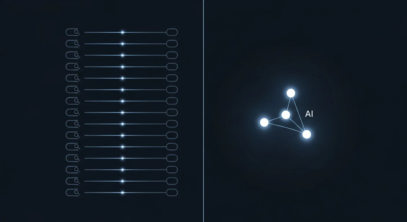 Abstract visualization contrasting traditional search rankings on the left showing ten evenly-spaced link bars in muted steel blue with AI recommendation scarcity on the right showing only three bright white-blue recommendation nodes radiating outward - illustrating how AI creates recommendation competition