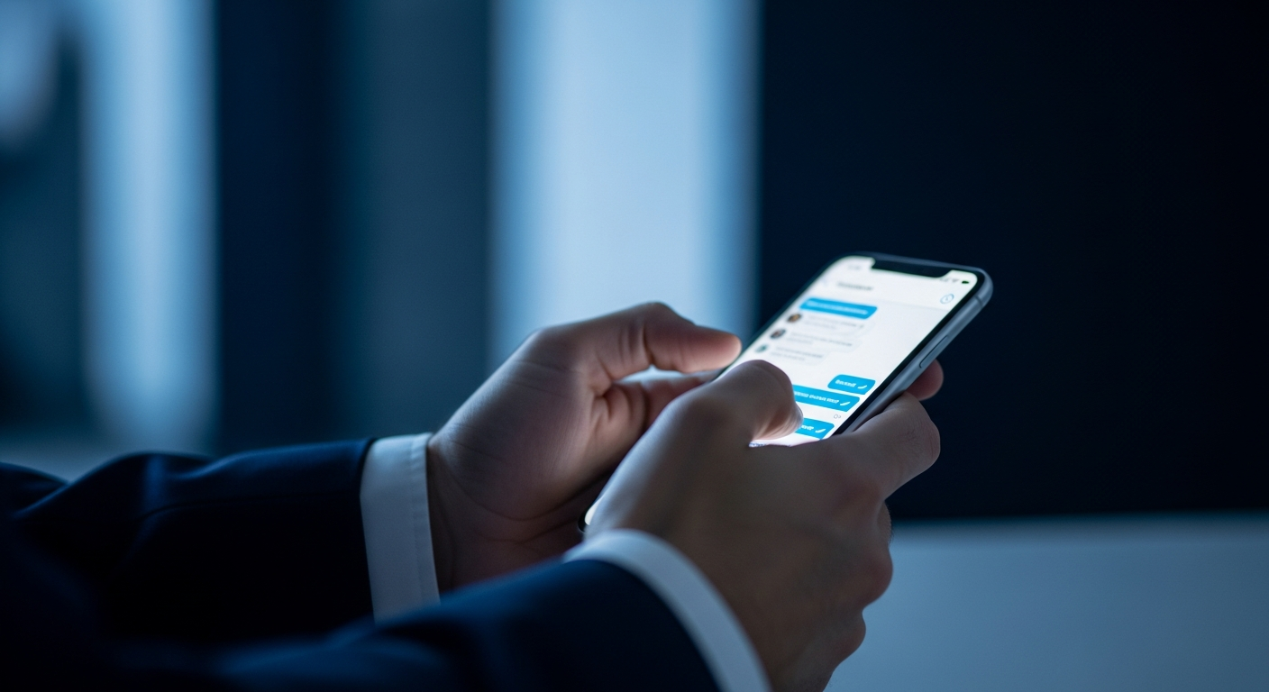 Professional using a smartphone for private messaging - representing dark social channels like Slack, Teams, and WhatsApp that influence B2B buying decisions outside attribution tracking
