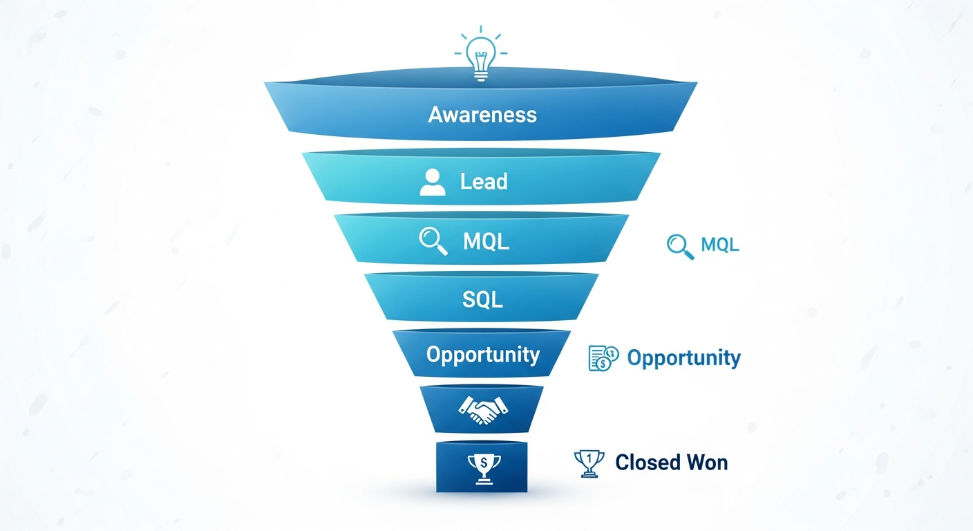 Marketing and sales funnel alignment showing lead stages from awareness to closed deal