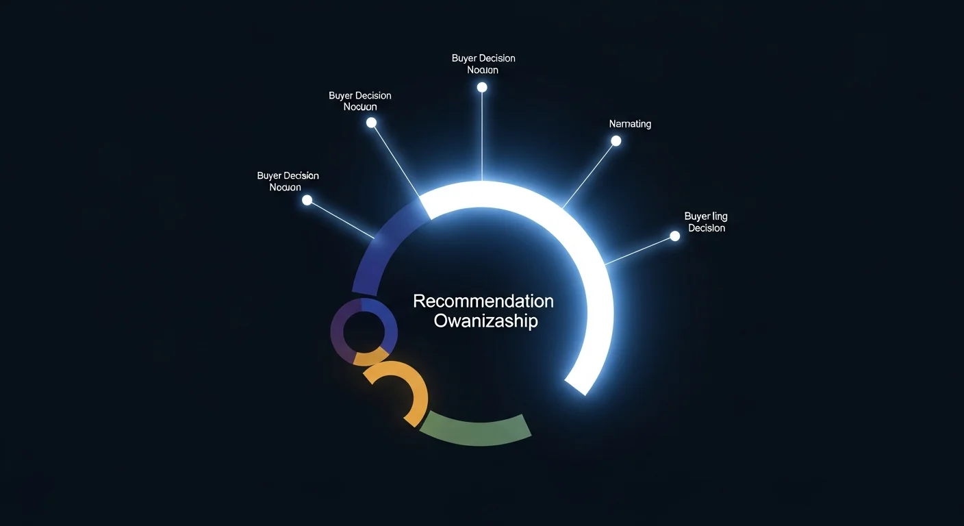 Abstract circular market visualization showing recommendation share as a finite pie divided among competing organizations, with the center company arc glowing bright white-blue representing dominant recommendation share while three competitor arcs in indigo, amber, and muted green show smaller portions with light rays radiating toward buyer decision nodes arranged in a ring