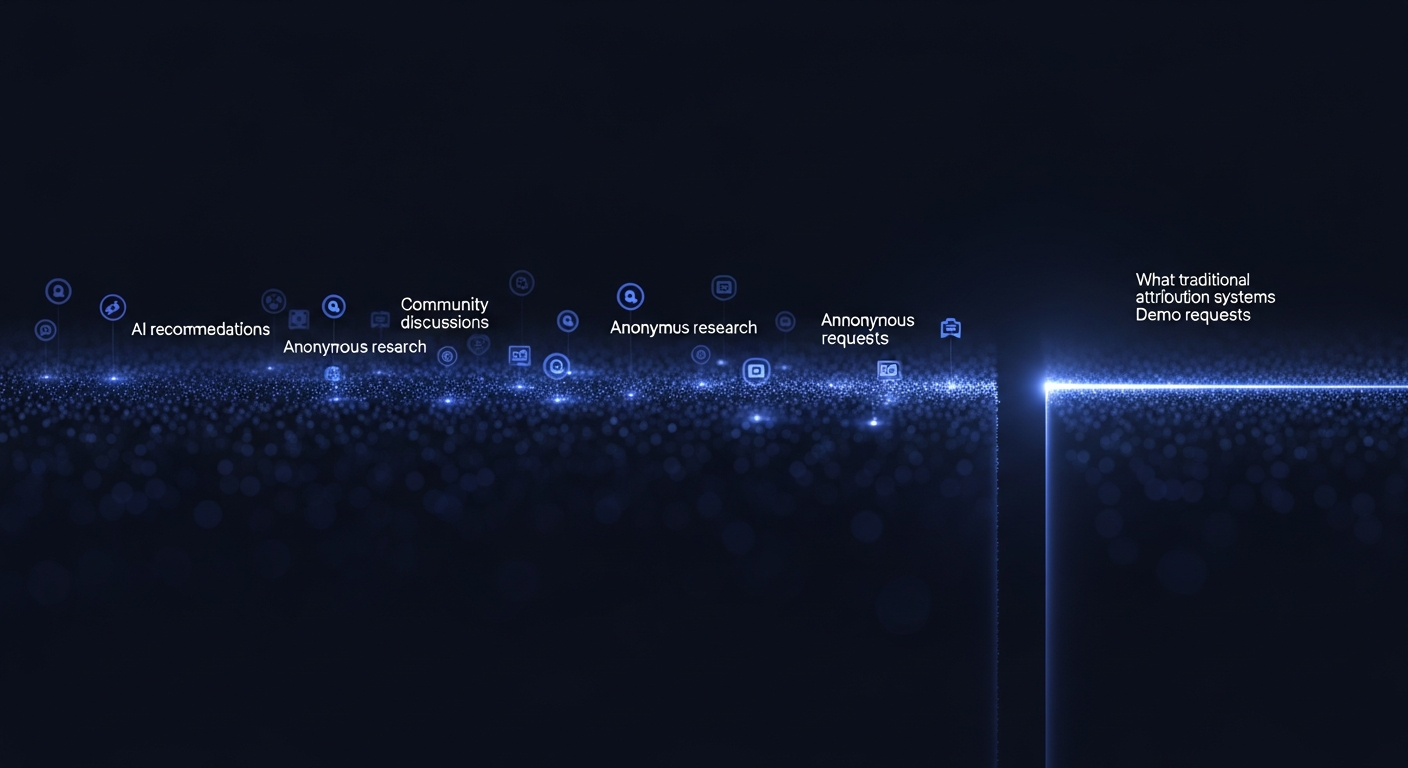 Abstract visualization of the Revenue Visibility Gap showing a wide dark field of hidden influence including AI recommendations, community discussions, and anonymous research on the left, versus the narrow beam of what attribution systems actually capture on the right