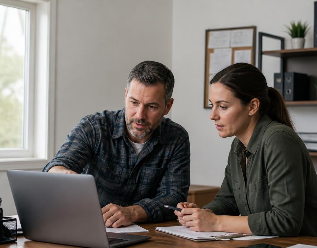 A home-services business owner and colleague review incoming inquiries together
