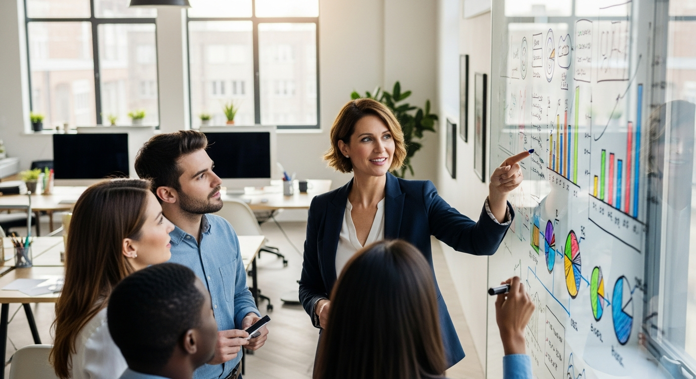 CMO reviewing marketing attribution strategy and performance data with her team at a whiteboard showing pipeline charts