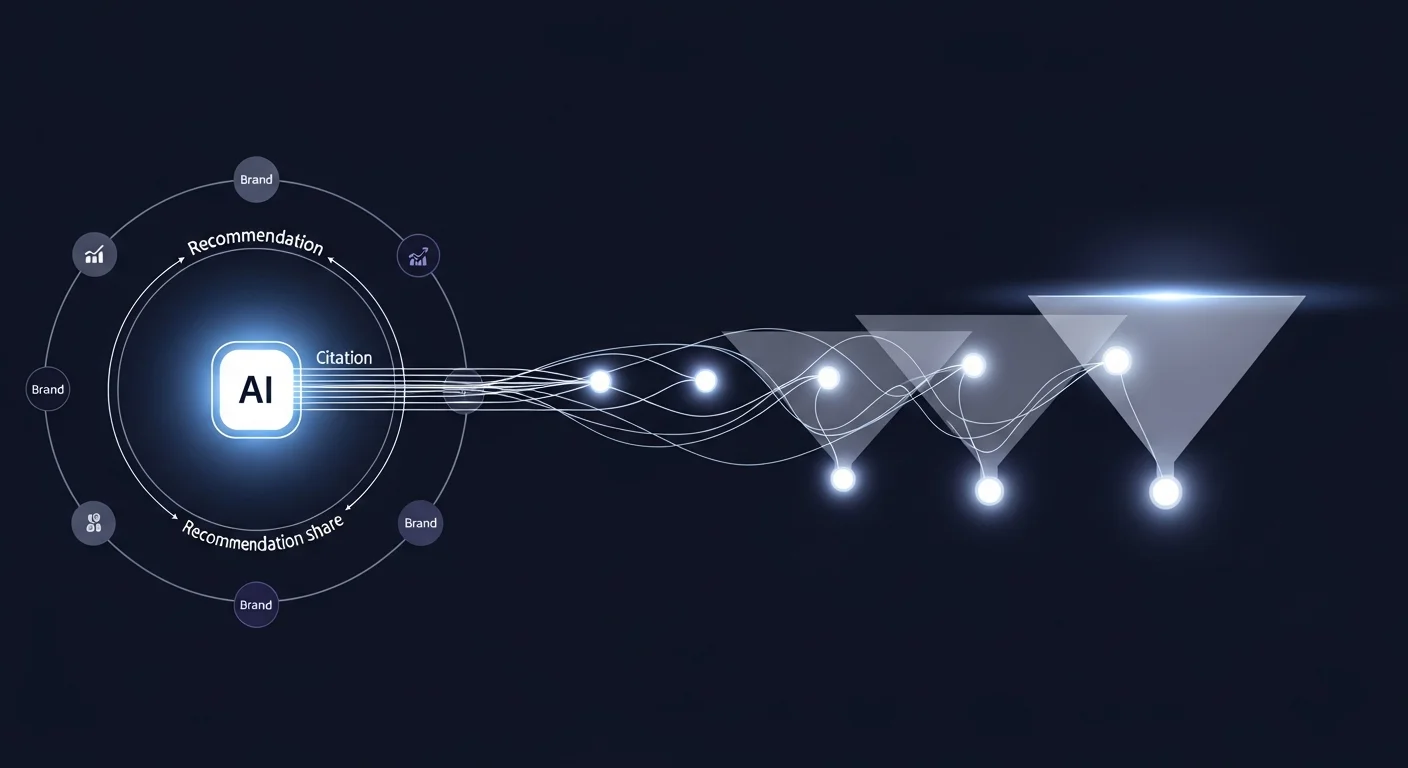 Abstract market ecosystem visualization showing the AI recommendation economy as a dark circular arena with competing brand nodes arranged in a ring - the brightest white-blue brand node at the top dominates with light beams radiating to buyer decision points outside the ring while three competing nodes in indigo, amber, and slate glow at lower intensities