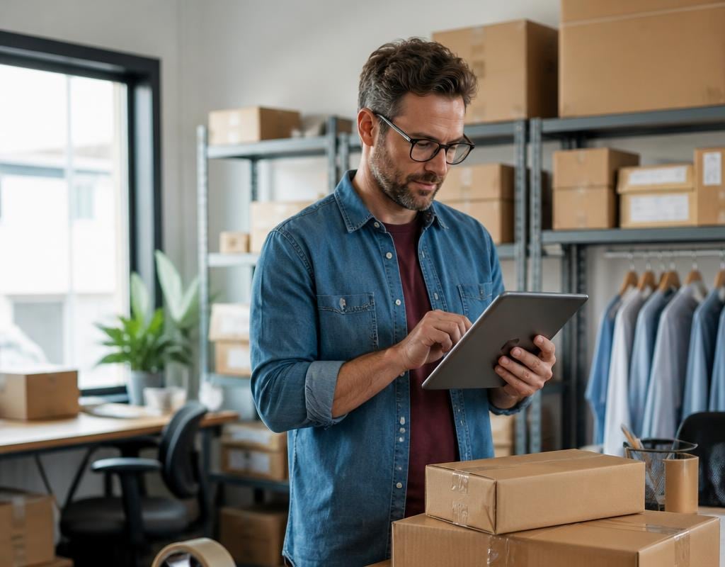 An ecommerce operator reviews orders beside unbranded parcels