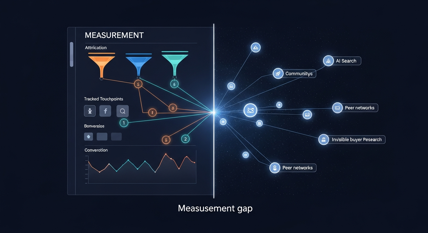Abstract visualization showing the gap between observable attribution data on the left and the much wider world of buyer influence including AI search, dark social, and community discovery on the right