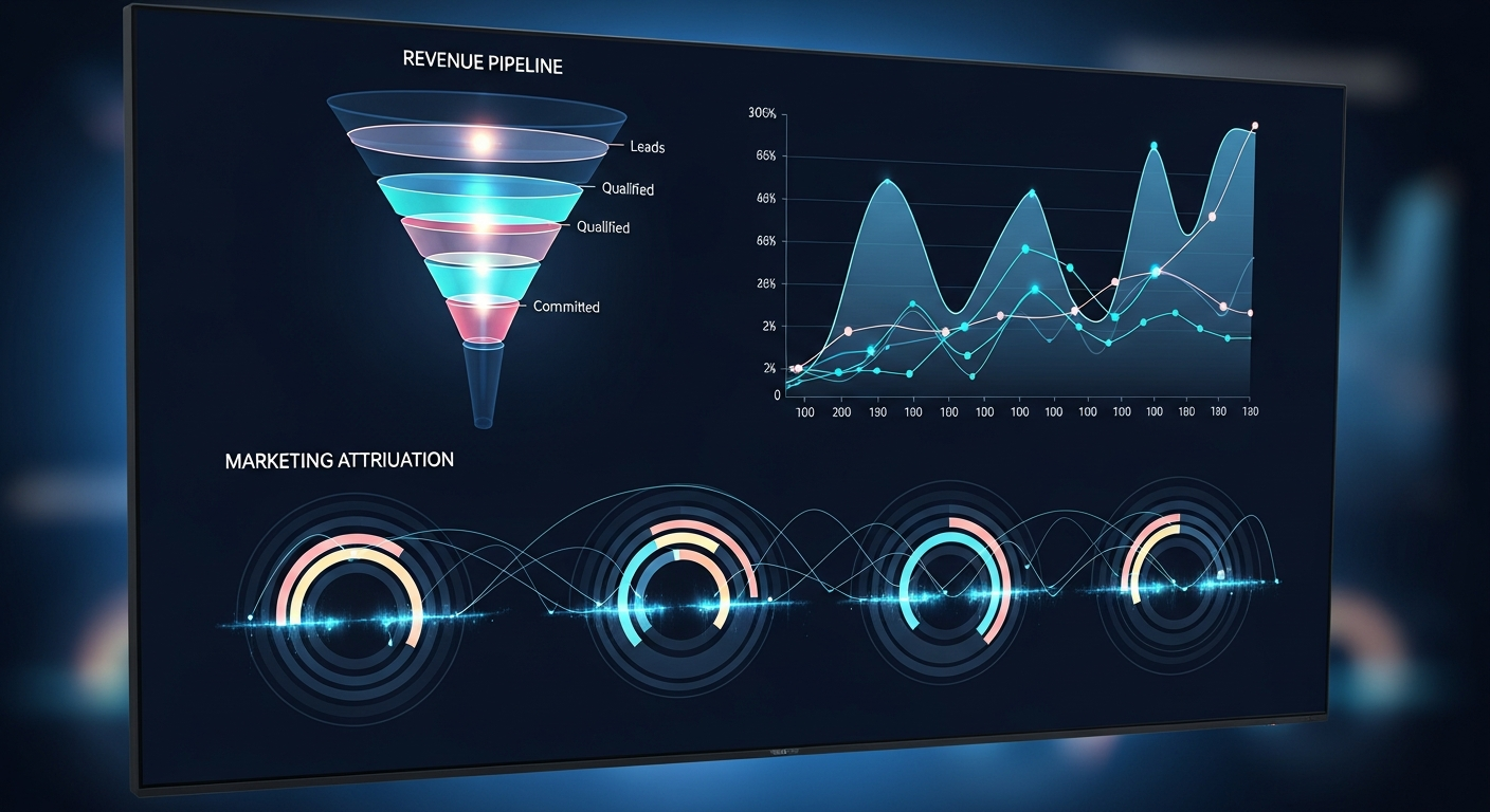 RankWorks AI revenue intelligence dashboard showing cross-channel performance, attribution, and AI recommendations