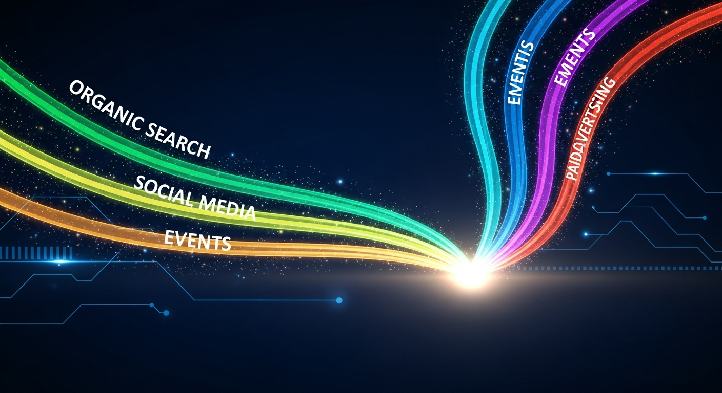 Multiple marketing channels including organic search, social media, email, and paid advertising converging toward a unified revenue outcome