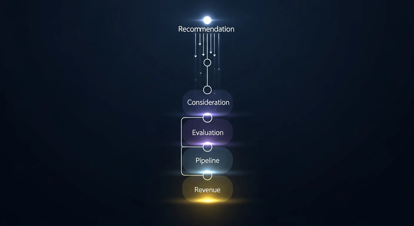 Abstract vertical pathway visualization showing how recommendation share leads to revenue through sequential illuminated stages - a bright recommendation node at the top emitting downward light streams through Consideration glowing soft indigo, Evaluation glowing medium purple, Pipeline glowing blue-white, and Revenue glowing brightest gold at the bottom