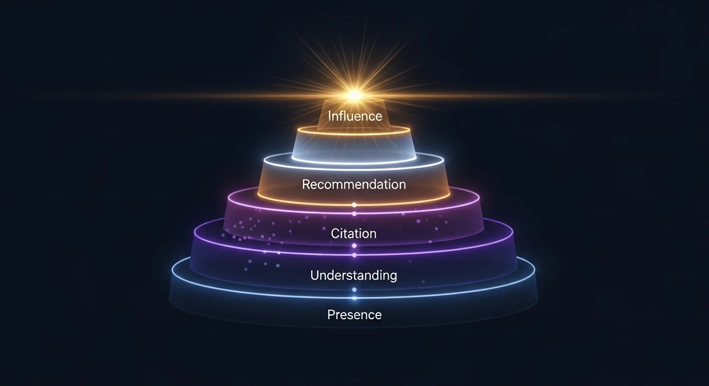 Abstract five-layer pyramid visualization of the AI Visibility Framework showing Presence at the base glowing dim blue, Understanding as indigo, Citation as medium purple with reference dots, Recommendation as bright white-blue, and Influence at the apex glowing brightest gold - each tier slightly wider than the one above