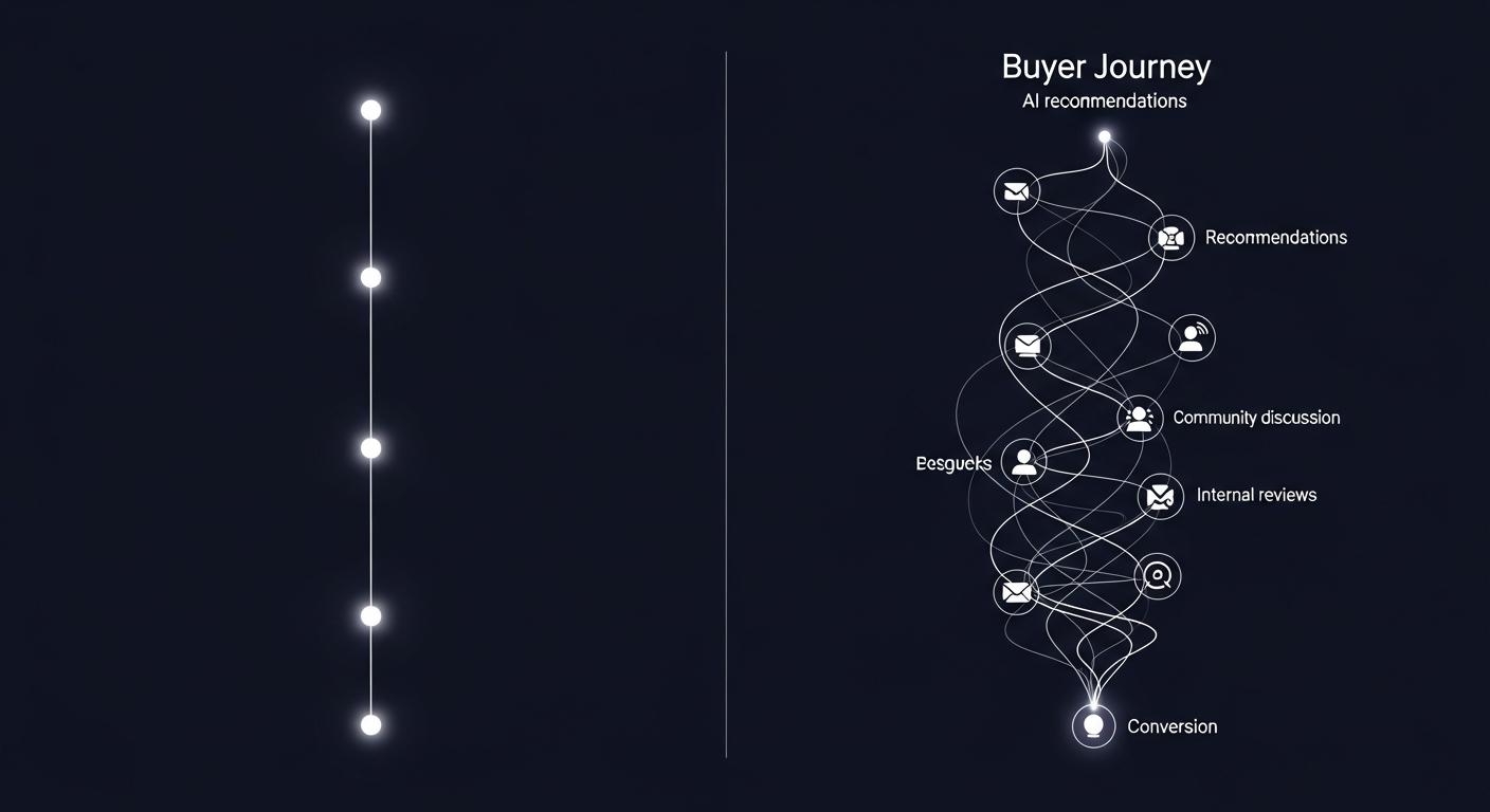 Modern versus traditional buyer journey showing the evolution from linear funnels to complex multi-channel discovery