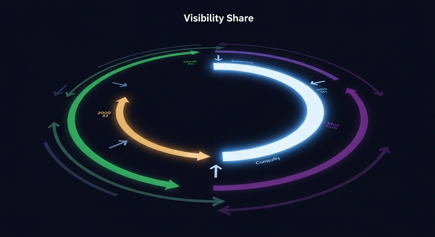 Abstract circular market visualization showing Visibility Share as a finite pie of discoverability divided among competing organizations, with a central company's arc glowing bright blue-white representing its share while competitor arcs in indigo, green, amber, and purple show their respective portions of total market visibility
