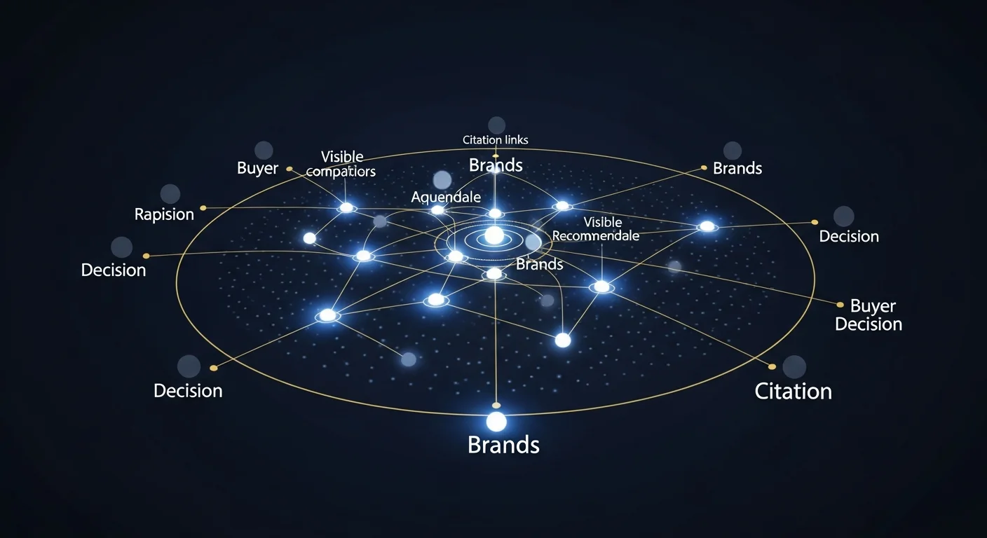 Abstract competitive landscape visualization showing brands as glowing nodes in an AI recommendation ecosystem - some brands glow bright blue-white with citation threads reaching buyer decision points, while other brands remain dim and invisible, illustrating the competitive AI citation share disparity
