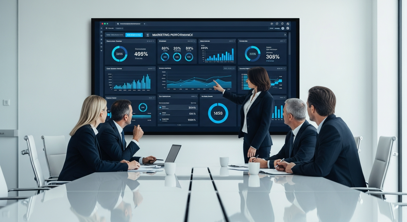 Executive team reviewing marketing performance dashboard with KPI metrics and revenue data