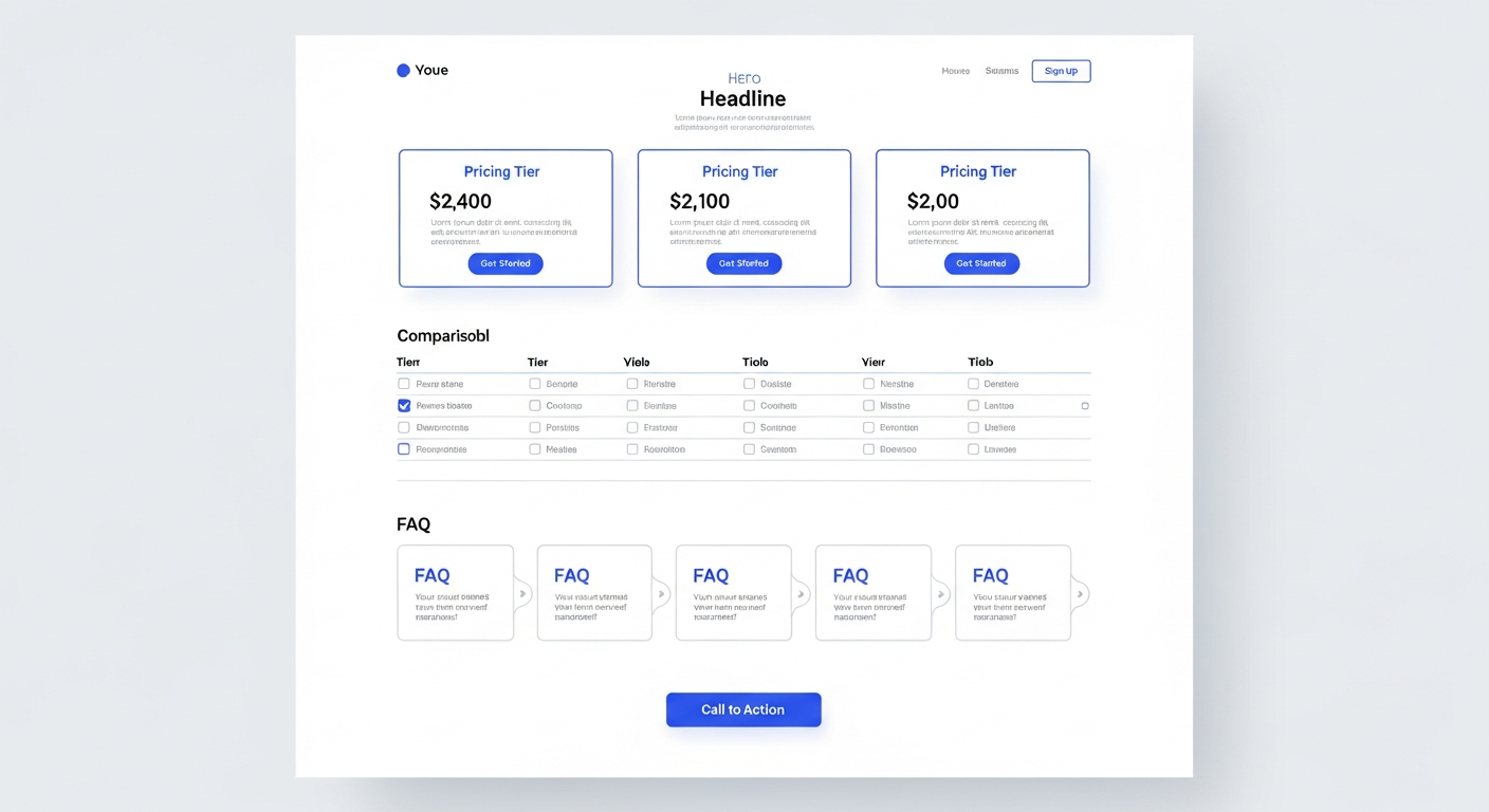 Commercial landing page wireframe with pricing tiers, comparison tables, and CTAs