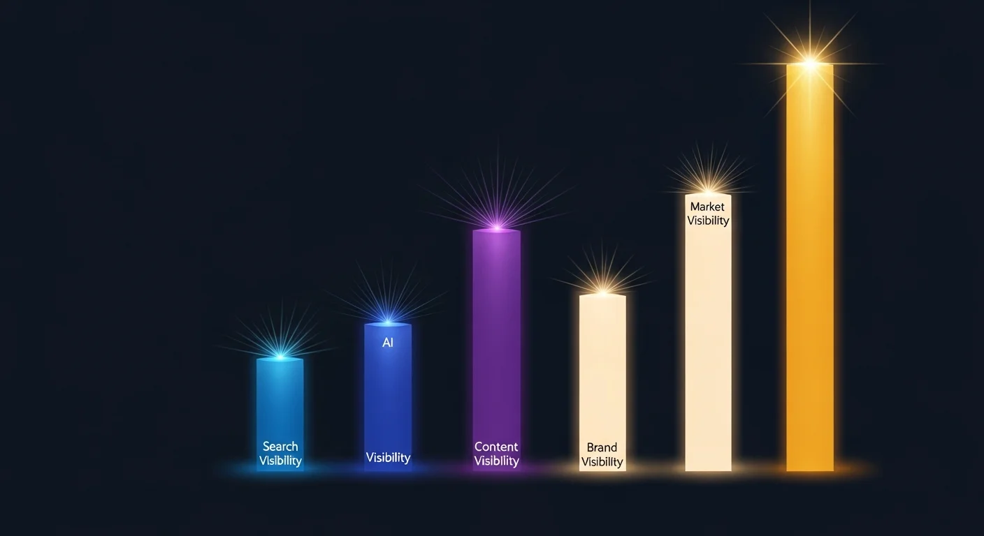 Abstract visualization of the five-dimension Competitive Visibility Framework showing five distinct vertical pillars of light rising from a shared base - Search Visibility in blue, AI Visibility in indigo, Content Visibility in purple, Brand Visibility in warm white, and Market Visibility in gold at the tallest rightmost position