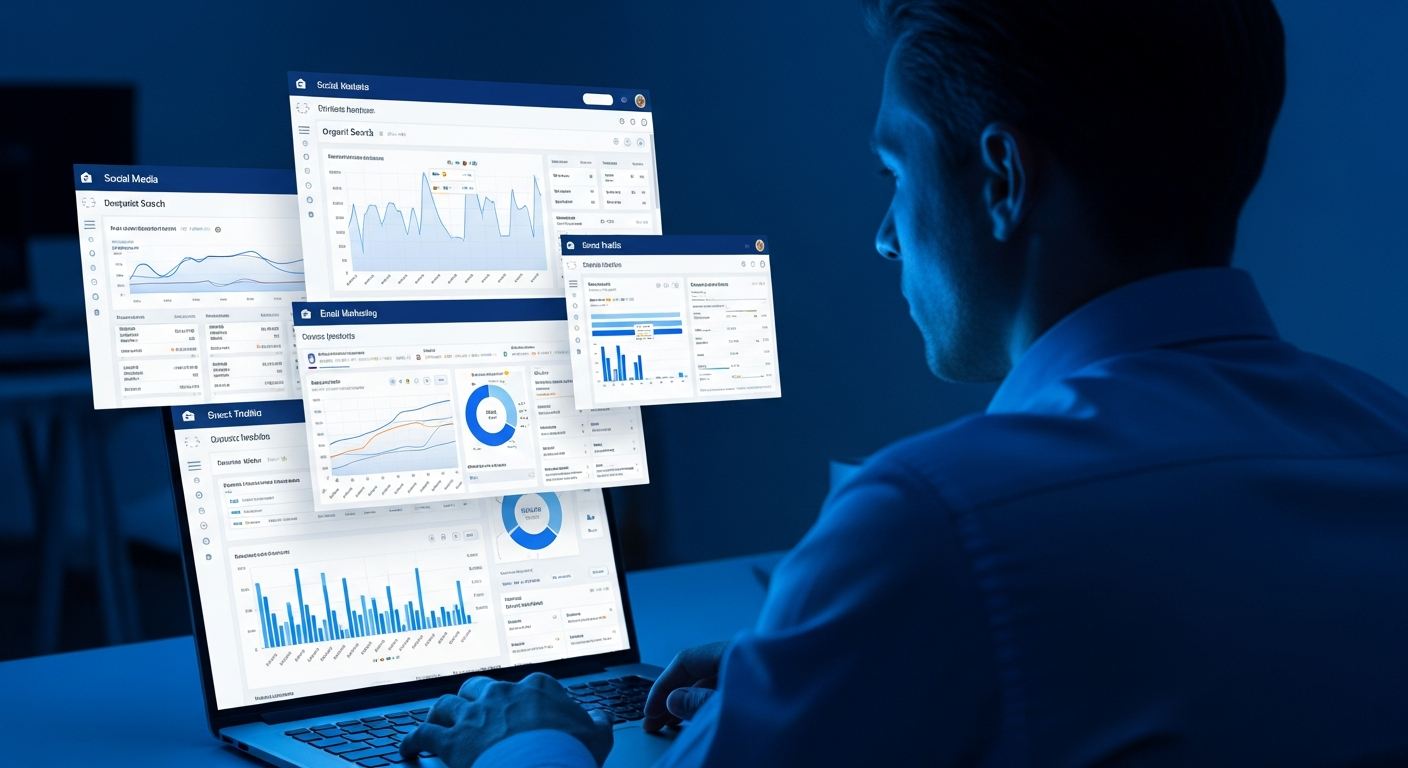 Marketing analyst reviewing attribution data showing the direct traffic problem - where multiple channel influences collapse into a single direct traffic source