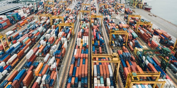 Container shipping port with cranes and cargo